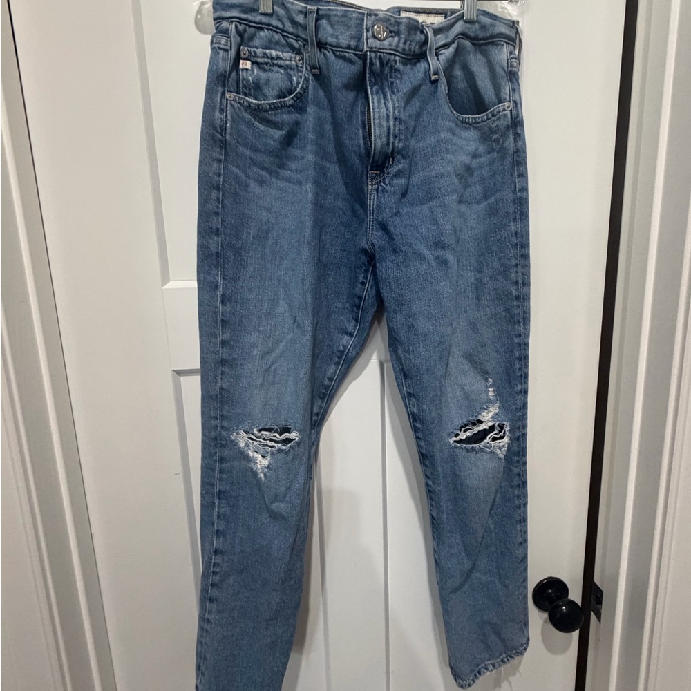 Ag Adriano Goldschmied Light Blue Denim Jeans with Tan Leather Patch